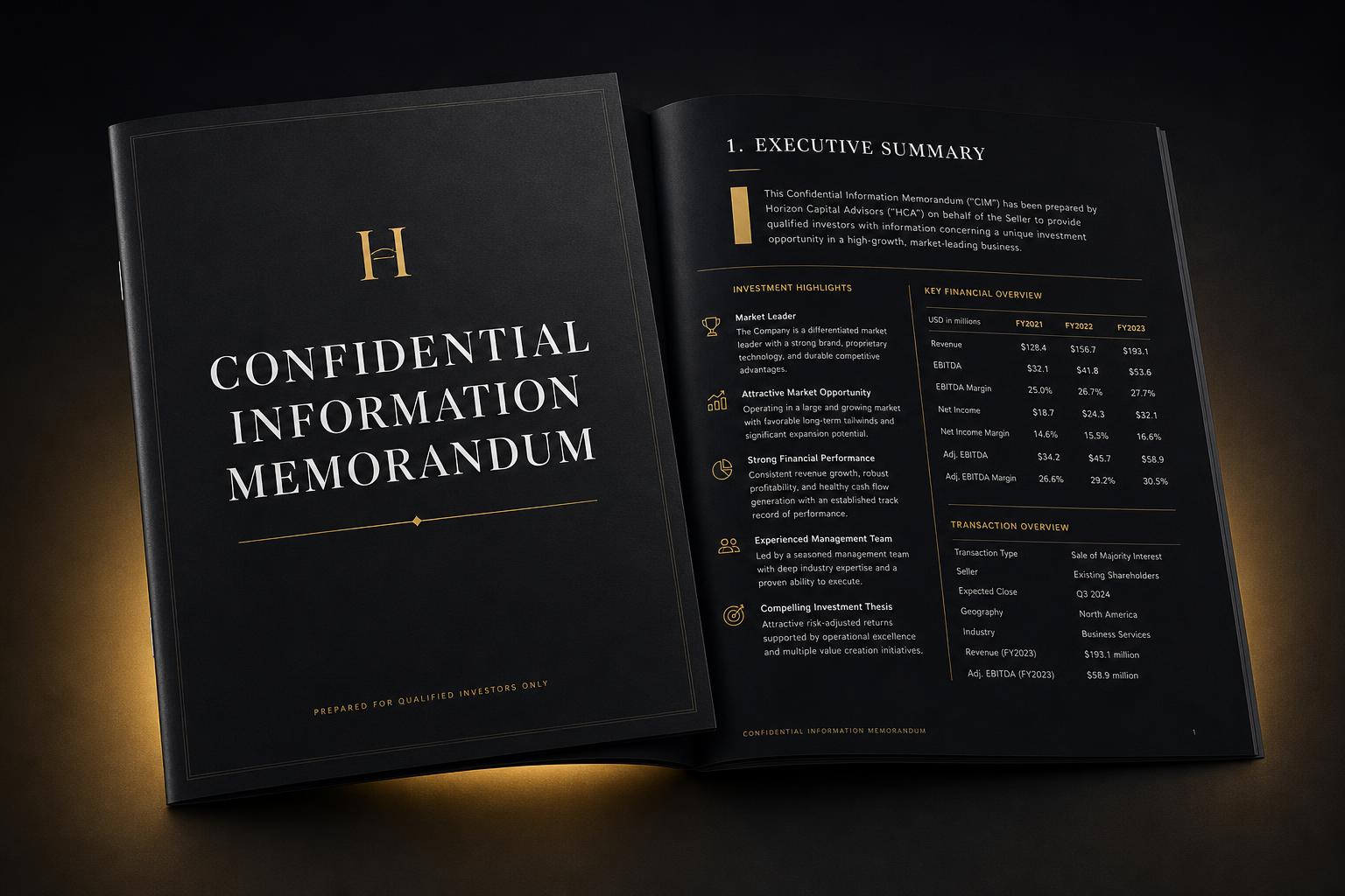 Institutional-grade CIM document spread
